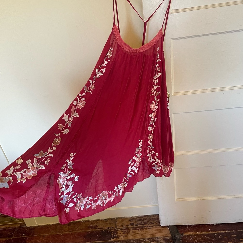 Free people Red Spaghetti Strap Dress with White Floral Embroidery